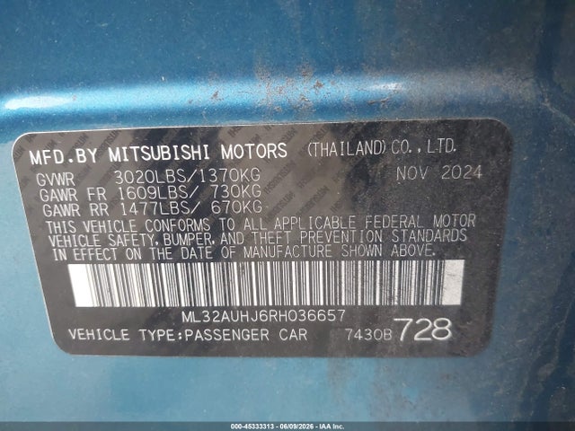 Продаж на аукціоні авто 2024 Mitsubishi Mirage Es/le, vin: ML32AUHJ6RH036657, номер лоту: 45333313