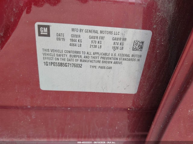 Продаж на аукціоні авто 2016 Chevrolet Cruze Limited 1lt Auto, vin: 1G1PE5SB5G7176032, номер лоту: 45333331