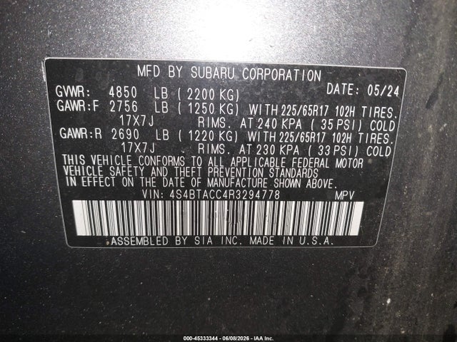 2024 Subaru Outback Premium მანქანა იყიდება აუქციონზე, vin: 4S4BTACC4R3294778, აუქციონის ნომერი: 45333344