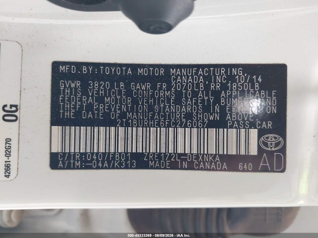 2015 Toyota Corolla Le მანქანა იყიდება აუქციონზე, vin: 2T1BURHE6FC276067, აუქციონის ნომერი: 45333369