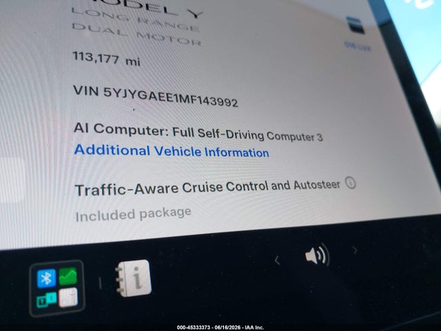 Auction sale of the 2021 Tesla Model Y Long Range Dual Motor All-wheel Drive, vin: 5YJYGAEE1MF143992, lot number: 45333373