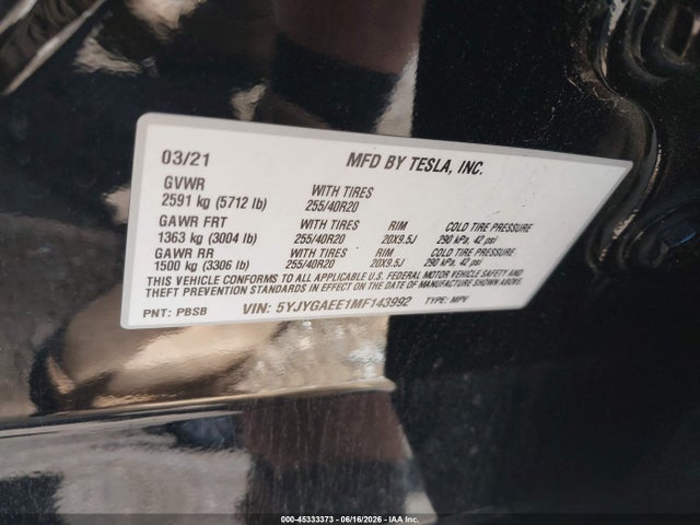 45333373 :رقم المزاد ، 5YJYGAEE1MF143992 vin ، 2021 Tesla Model Y Long Range Dual Motor All-wheel Drive مزاد بيع