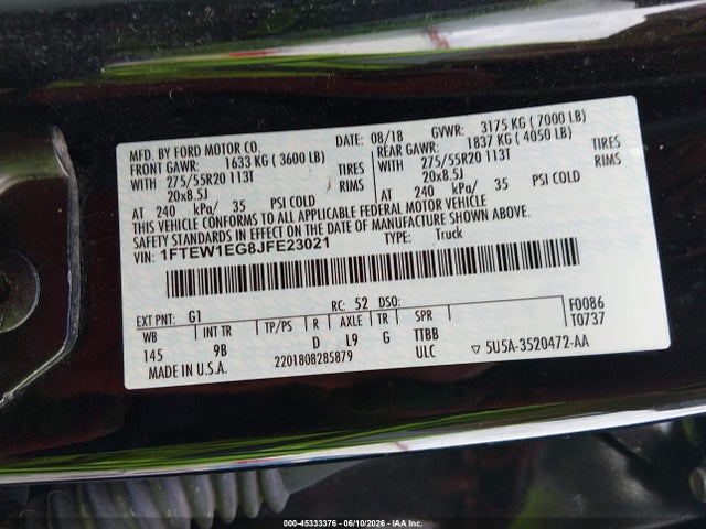 45333376 :رقم المزاد ، 1FTEW1EG8JFE23021 vin ، 2018 Ford F-150 Platinum مزاد بيع