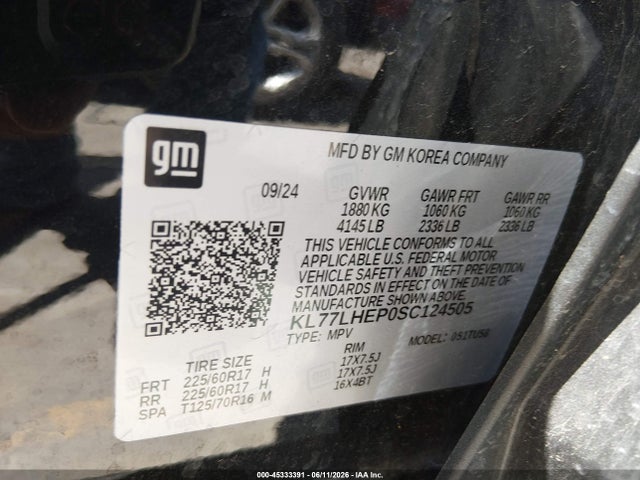 Продажа на аукционе авто 2025 Chevrolet Trax Fwd Lt, vin: KL77LHEP0SC124505, номер лота: 45333391