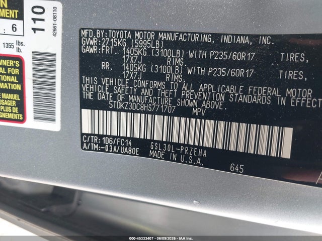 Продажа на аукционе авто 2017 Toyota Sienna Le 8 Passenger, vin: 5TDKZ3DC8HS771707, номер лота: 45333407