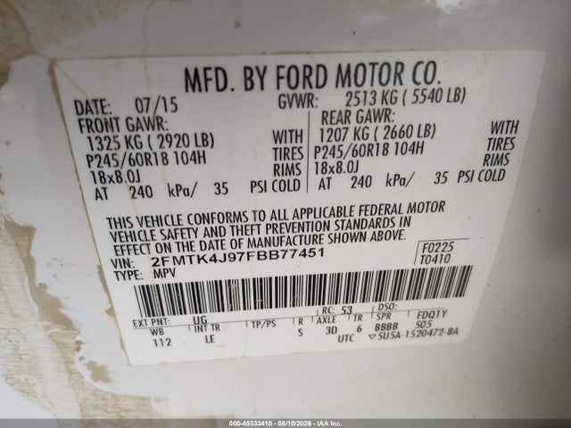 Ford EDGE SEL 2015 2FMTK4J97FBB77451 Image 9