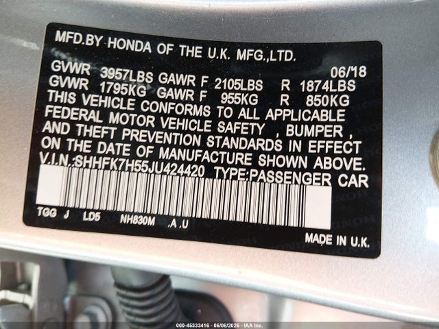SHHFK7H55JU424420 Honda CIVIC EX