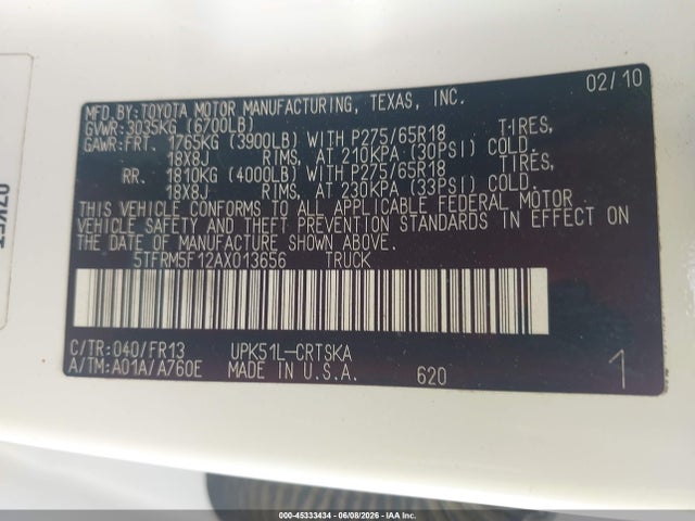 Aukcja sprzedaży 2010 Toyota Tundra Grade 4.6l V8, vin: 5TFRM5F12AX013656, numer aukcji: 45333434