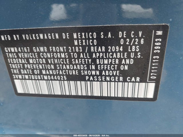 Aukcja sprzedaży 2026 Volkswagen Jetta Se, vin: 3VW7W7BU8TM044025, numer aukcji: 45333435