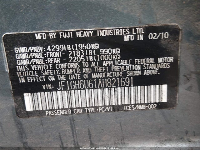 Auction sale of the 2010 Subaru Impreza Outback Sport, vin: JF1GH6D61AH821691, lot number: 45333441