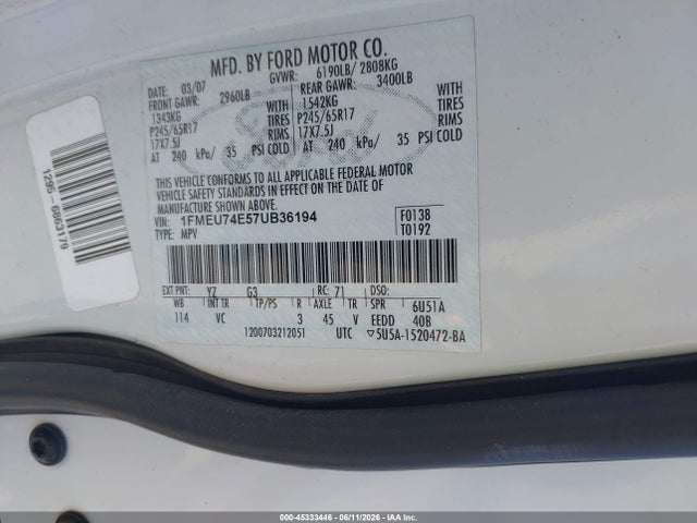 45333446 :رقم المزاد ، 1FMEU74E57UB36194 vin ، 2007 Ford Explorer Eddie Bauer مزاد بيع