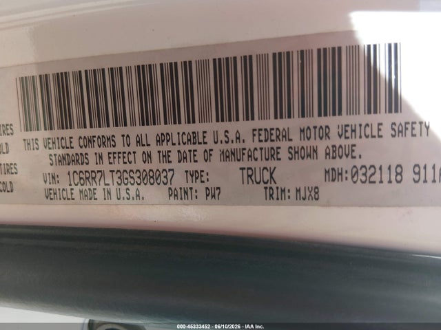 45333452 :رقم المزاد ، 1C6RR7LT3GS308037 vin ، 2016 Ram 1500 Lone Star مزاد بيع