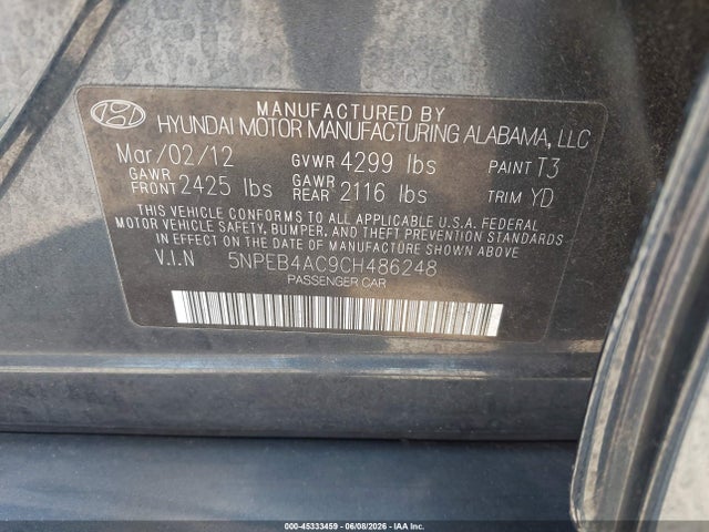 2012 Hyundai Sonata Gls მანქანა იყიდება აუქციონზე, vin: 5NPEB4AC9CH486248, აუქციონის ნომერი: 45333459