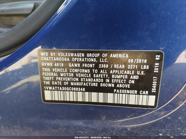 1VWAT7A30GC068348 Volkswagen Passat 1.8t S