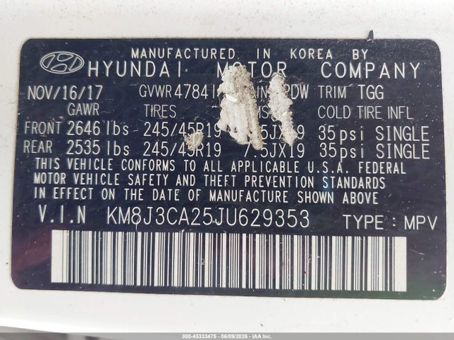 Aukcja sprzedaży 2018 Hyundai Tucson Value, vin: KM8J3CA25JU629353, numer aukcji: 45333475