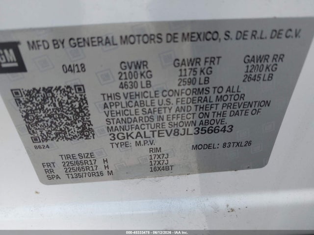Продаж на аукціоні авто 2018 Gmc Terrain Sle, vin: 3GKALTEV8JL356643, номер лоту: 45333478