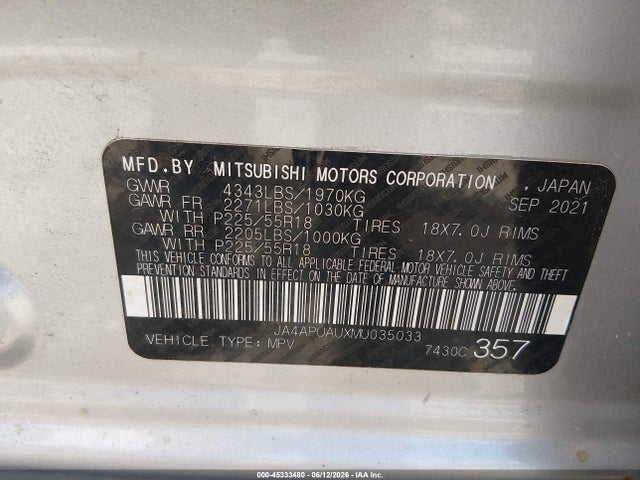 Aukcja sprzedaży 2021 Mitsubishi Outlander Sport 2.0 Be 2wd/2.0 Es 2wd/2.0 Le 2wd/2.0 S 2wd, vin: JA4APUAUXMU035033, numer aukcji: 45333480
