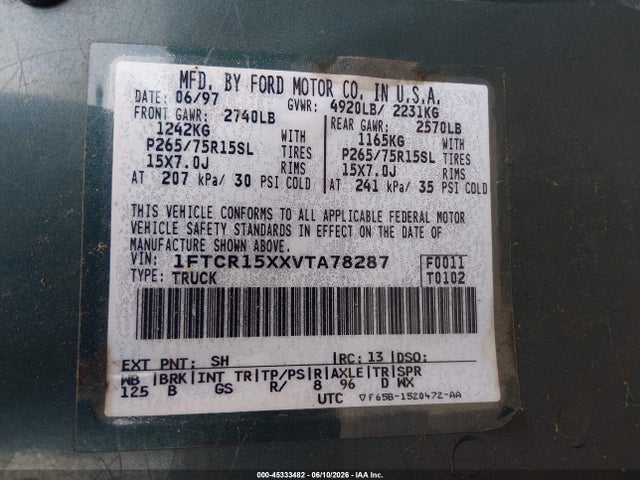 45333482 :رقم المزاد ، 1FTCR15XXVTA78287 vin ، 1997 Ford Ranger Splash/stx/xlt مزاد بيع