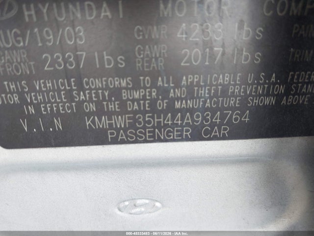 2004 Hyundai Sonata Gls/lx მანქანა იყიდება აუქციონზე, vin: KMHWF35H44A934764, აუქციონის ნომერი: 45333483