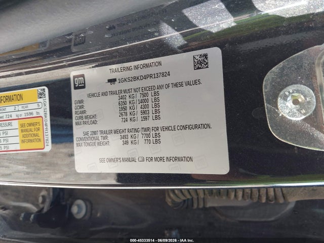 45333514 :رقم المزاد ، 1GKS2BKD4PR137824 vin ، 2023 Gmc Yukon 4wd Slt مزاد بيع