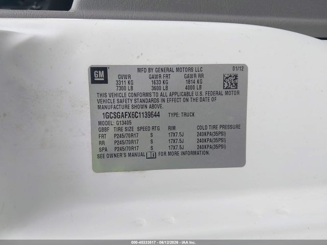 Aukcja sprzedaży 2012 Chevrolet Express 1500 Work Van, vin: 1GCSGAFX6C1139644, numer aukcji: 45333517