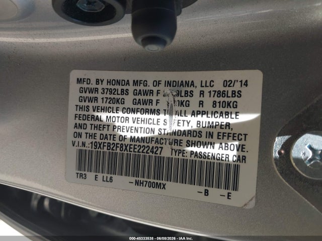 45333538 :رقم المزاد ، 19XFB2F8XEE222427 vin ، 2014 Honda Civic Ex مزاد بيع