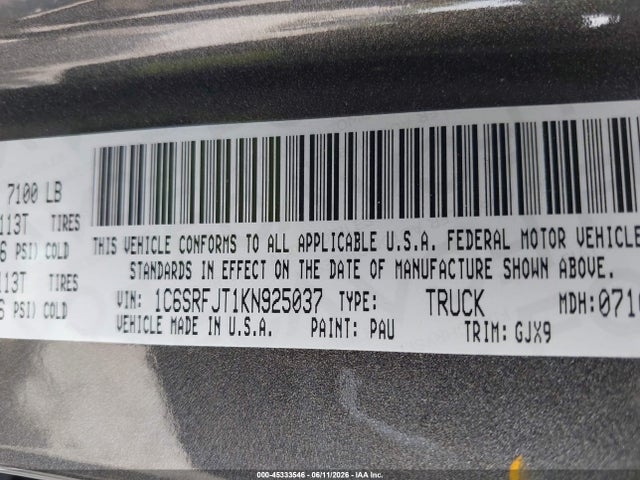 Продаж на аукціоні авто 2019 Ram 1500 Laramie  4x4 5'7 Box, vin: 1C6SRFJT1KN925037, номер лоту: 45333546