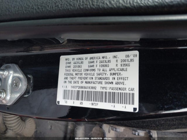 45333554 :رقم المزاد ، 1HGCP26869A193992 vin ، 2009 Honda Accord 2.4 Ex-l مزاد بيع