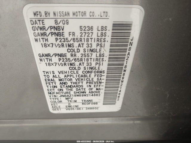 Aukcja sprzedaży 2009 Nissan Murano Sl, vin: JN8AZ18W89W214662, numer aukcji: 45333562