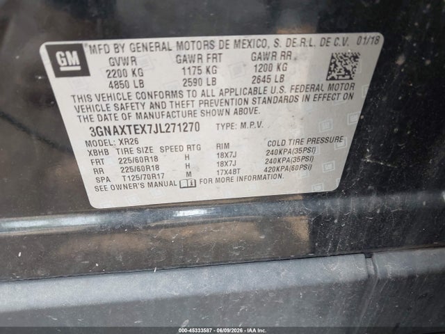 Aukcja sprzedaży 2018 Chevrolet Equinox Lt, vin: 3GNAXTEX7JL271270, numer aukcji: 45333587