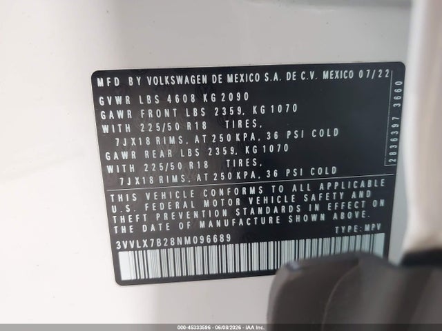 2022 Volkswagen Taos 1.5t Se მანქანა იყიდება აუქციონზე, vin: 3VVLX7B28NM096689, აუქციონის ნომერი: 45333596