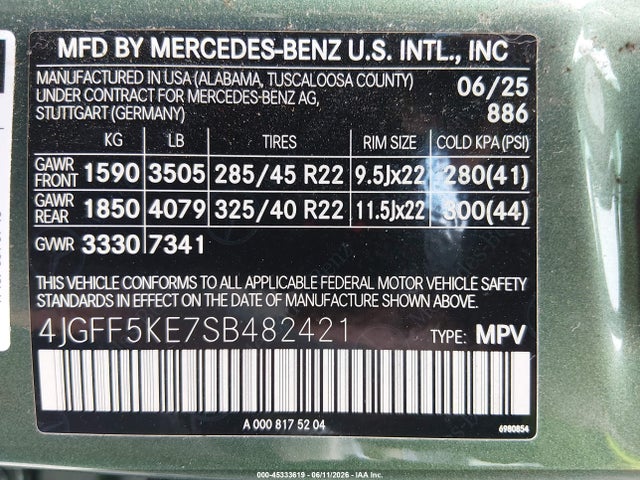 45333619 :رقم المزاد ، 4JGFF5KE7SB482421 vin ، 2025 Mercedes-benz Gls 450 4matic مزاد بيع