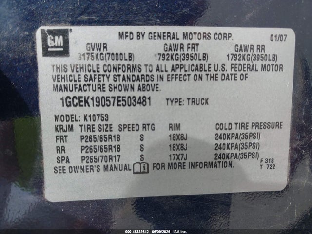 Продаж на аукціоні авто 2007 Chevrolet Silverado 1500 Ltz, vin: 1GCEK19057E503481, номер лоту: 45333642