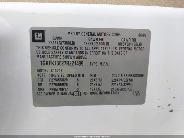 2007 Gmc Yukon Slt მანქანა იყიდება აუქციონზე, vin: 1GKFK13027R221499, აუქციონის ნომერი: 45333668