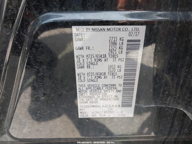 2017 Nissan Pathfinder Sv მანქანა იყიდება აუქციონზე, vin: 5N1DR2MM8HC663449, აუქციონის ნომერი: 45333670