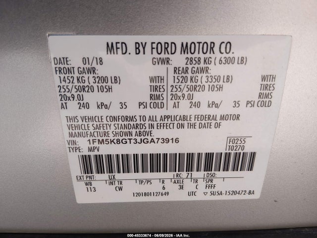 Aukcja sprzedaży 2018 Ford Explorer Sport, vin: 1FM5K8GT3JGA73916, numer aukcji: 45333674