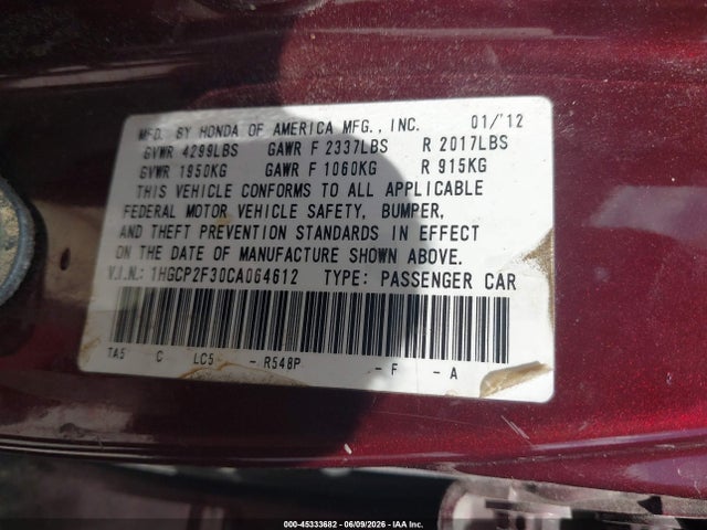 Продаж на аукціоні авто 2012 Honda Accord 2.4 Lx, vin: 1HGCP2F30CA064612, номер лоту: 45333682
