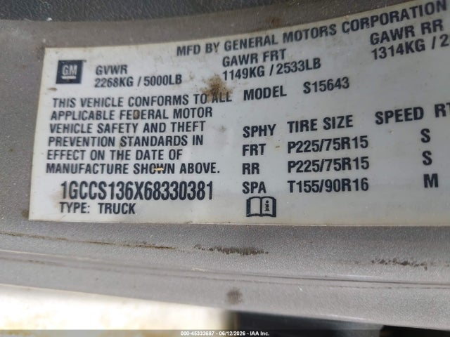 45333687 :رقم المزاد ، 1GCCS136X68330381 vin ، 2006 Chevrolet Colorado Lt مزاد بيع