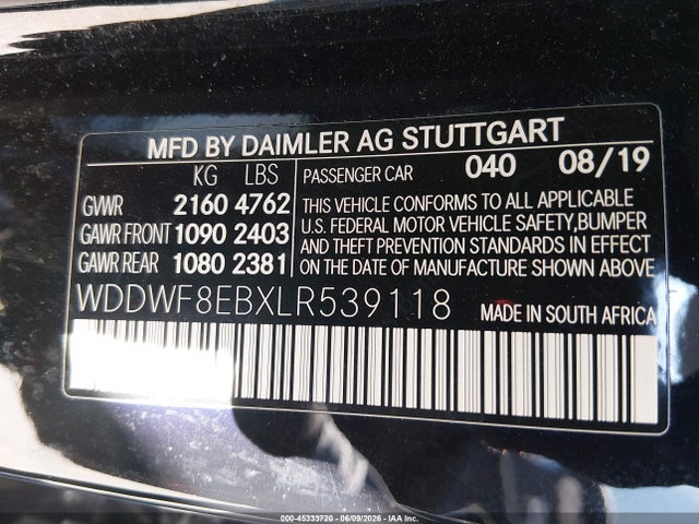 45333720 :رقم المزاد ، WDDWF8EBXLR539118 vin ، 2020 Mercedes-benz C 300 4matic مزاد بيع