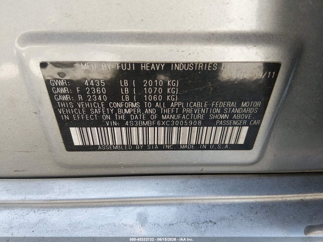 Продажа на аукционе авто 2012 Subaru Legacy 2.5i Premium, vin: 4S3BMBF6XC3005908, номер лота: 45333732