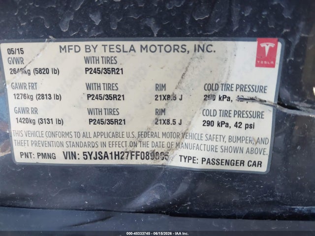Aukcja sprzedaży 2015 Tesla Model S 70d/85d/p85d, vin: 5YJSA1H27FF089805, numer aukcji: 45333745