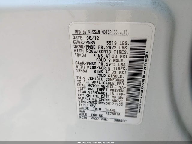 Продаж на аукціоні авто 2013 Infiniti Fx37, vin: JN8CS1MW2DM171265, номер лоту: 45333748
