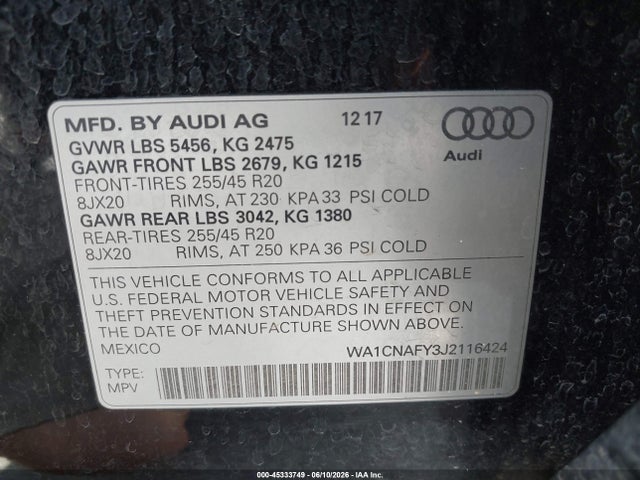 Auction sale of the 2018 Audi Q5 2.0t Premium, vin: WA1CNAFY3J2116424, lot number: 45333749