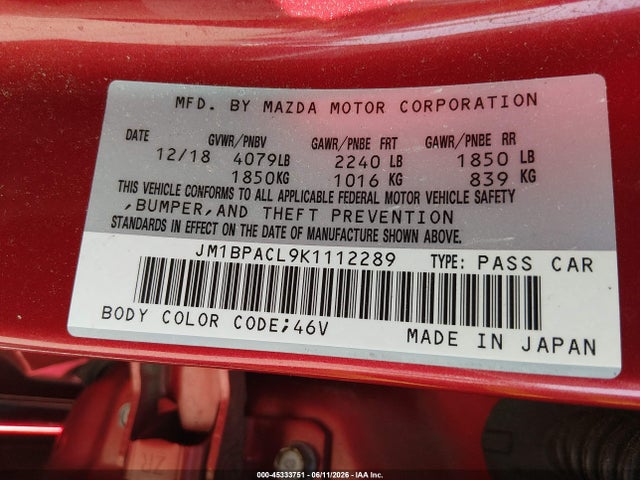 Aukcja sprzedaży 2019 Mazda Mazda3 Select Package, vin: JM1BPACL9K1112289, numer aukcji: 45333751