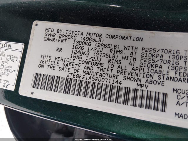 Продаж на аукціоні авто 2002 Toyota Highlander V6, vin: JTEGF21A520071144, номер лоту: 45333755