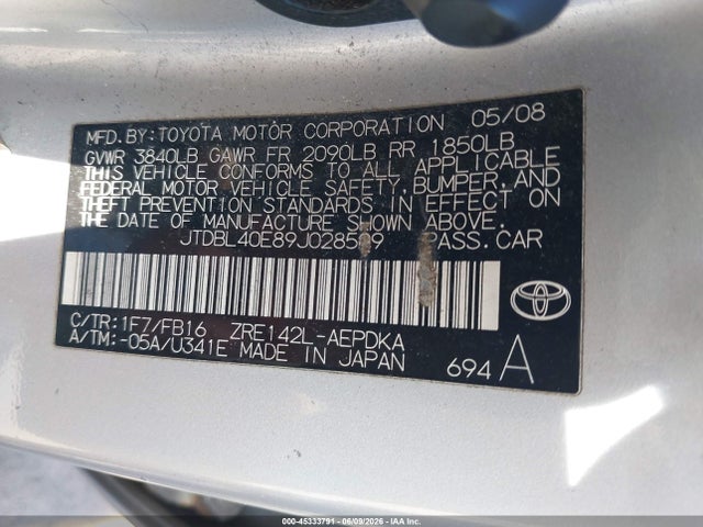 45333791 :رقم المزاد ، JTDBL40E89J028509 vin ، 2009 Toyota Corolla Le مزاد بيع