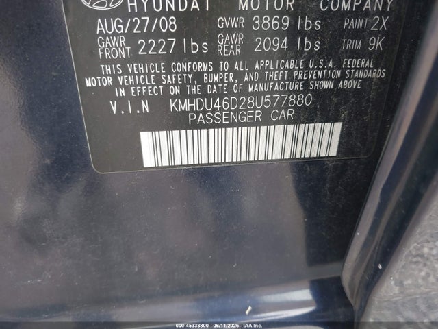 45333800 :رقم المزاد ، KMHDU46D28U577880 vin ، 2008 Hyundai Elantra Gls/se مزاد بيع