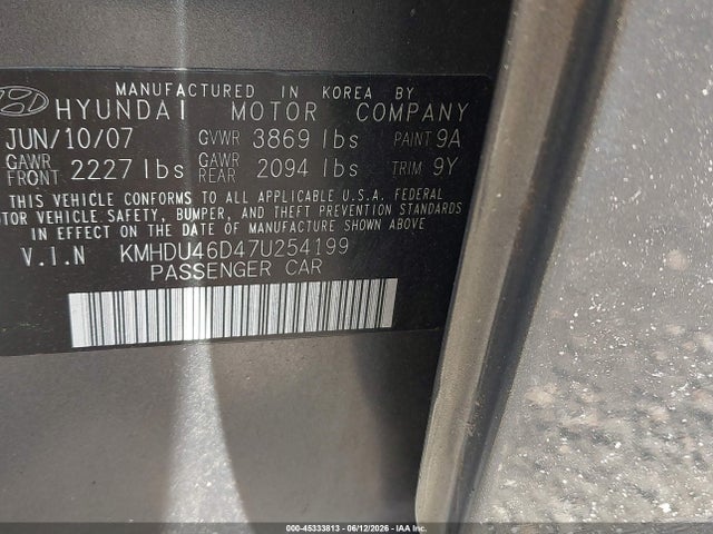 45333813 :رقم المزاد ، KMHDU46D47U254199 vin ، 2007 Hyundai Elantra Gls/limited/ltd/se مزاد بيع