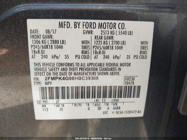45333815 :رقم المزاد ، 2FMPK4G98HBC39368 vin ، 2017 Ford Edge Se مزاد بيع