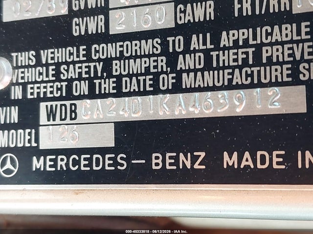 Aukcja sprzedaży 1989 Mercedes-benz 300 Se, vin: WDBCA24D1KA463912, numer aukcji: 45333818